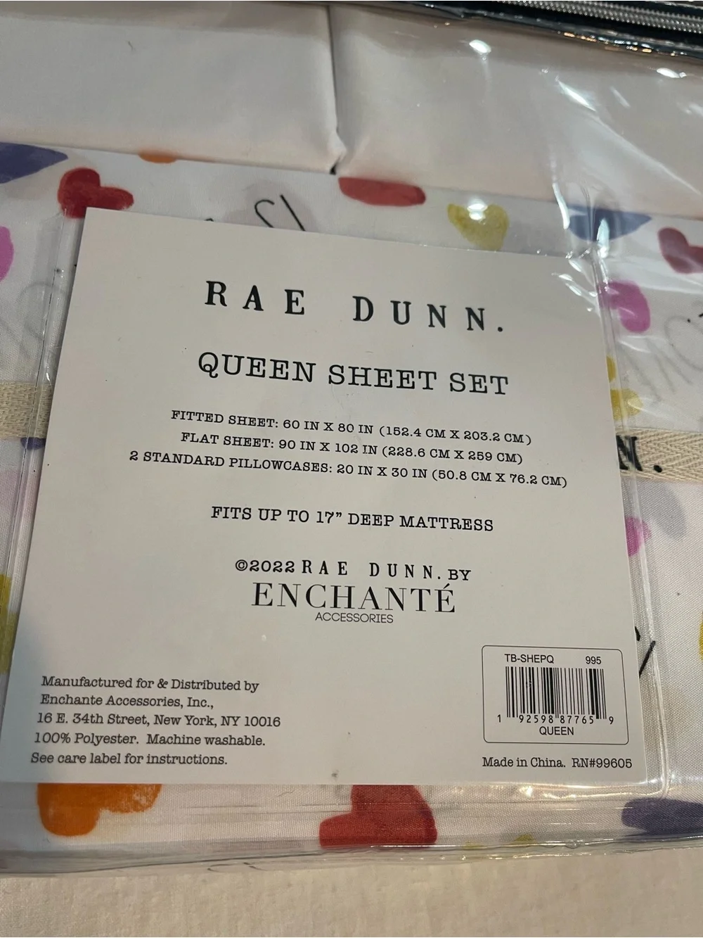 Rae Dunn Valentine Queen Sheet Set in White with Multicolor Heart Print